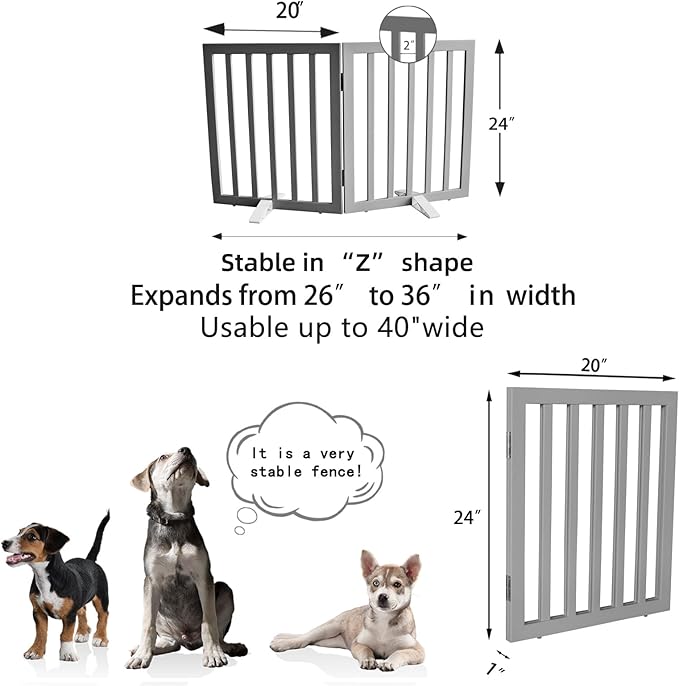 Dog Gate Indoor, Freestanding Dog Fence for The House, Doorways, Hallways,or Stairs,Pet Gate Foldable Wooden,Expandable 24" Height 2 Panels,Grey