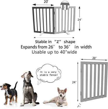 Dog Gate Indoor, Freestanding Dog Fence for The House, Doorways, Hallways,or Stairs,Pet Gate Foldable Wooden,Expandable 24" Height 2 Panels,Grey