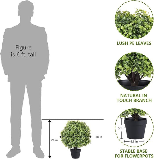 THE BLOOM TIMES 2ft Faux Boxwood Plants Outdoor Set of 2, 24" UV-Resistant Artificial Topiary Ball Trees, Fake Potted Greenery for Front Porch Planter, Patio Outside Decor