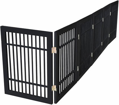 Pet Dog Gate Strong and Durable Freestanding Folding Acacia Hardwood Portable Wooden Fence Indoors or Outdoors by Urnporium (Black Pet Gate, 6 Panel 24" Tall)
