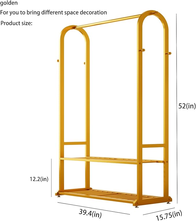 Sturdy heavy duty clothes rack,Gold clothing rack with bottom shelves and 6 side hooks,Metal garment rack for hanging clothes