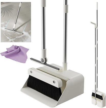 Magic Broom and Dustpan Set with Silicone Broom Squeegee, 55'' Broom with Dustpan Combo Set Self-Cleaning Teeth Design Upright Standing Dustpan with Blue Microfiber Cloth for Indoor Floor Home Kitchen