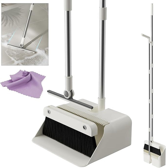 Magic Broom and Dustpan Set with Silicone Broom Squeegee, 55'' Broom with Dustpan Combo Set Self-Cleaning Teeth Design Upright Standing Dustpan with Blue Microfiber Cloth for Indoor Floor Home Kitchen