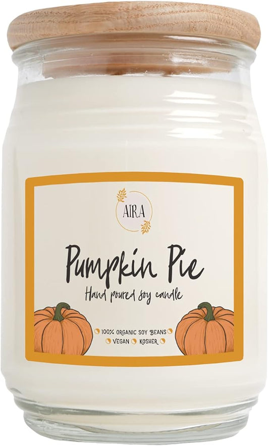 Aira Soy Candles - Organic, Kosher, Vegan, in Farmhouse Jar w/Essential Oil Blends - Hand-Poured 100% Soy Candle - Paraffin Free, Burns 150+ Hours - Fall Candle - Pumpkin Pie - 20 Ounces