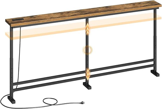 70.9" Console Table with Adjustable Height (27.6"-35.4") and Power Outlet, Skinny Behind Couch Table, Narrow Long Sofa Table for Living Room, Hallway, Entryway, Rustic Brown and Black CT08UBR