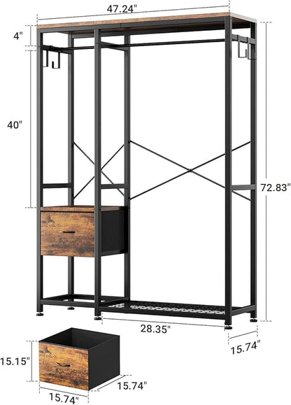Lulive Clothes Rack, Heavy Duty Garment Rack for Hanging Clothes, Industrial Clothing Racks with Shelves, 2 Fabric Drawers, 4 Hooks, 2 Hanging Rods, Freestanding Closet Organizer, Rustic Brown