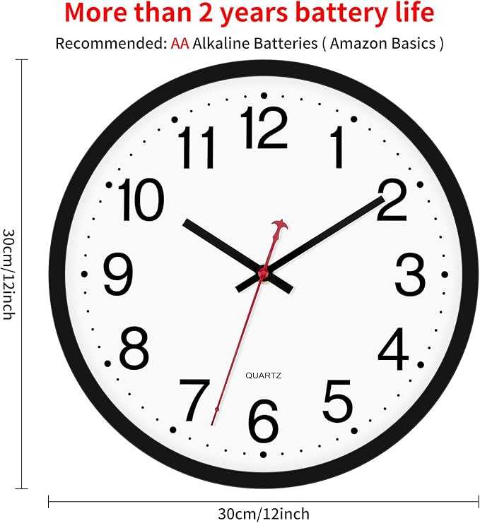 Foxtop Black Wall Clock Silent Non-Ticking 12 Inch Quartz Battery Operated Round Analog Wall Clock for Classroom School Office Living Room Bedroom Home