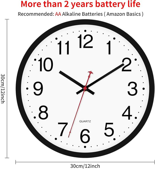 Foxtop Black Wall Clock Silent Non-Ticking 12 Inch Quartz Battery Operated Round Analog Wall Clock for Classroom School Office Living Room Bedroom Home