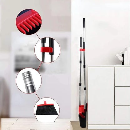 Standing Broom and Dustpan Set, Built-in Scraper Teeth, No-Slip Grip, Dust Collection Tray for Home, Office, Lobby, and Outdoor, Adjustable Handle from 38.18" to 52" (Black and Red)