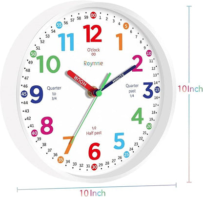 Wall Clock 10 Inch for Kids Learning Kids Teaching Clock Analog Silent Battery Operated Colorful Teaching Time Clock Decorative for Kids Room Kitchen School (White Grain)