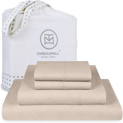 Threadmill California King Size Sheets | 800 Thread Count Jacquard Celine Light Beige | 4 Piece Striped Bed Sheets | Extra Long Staple Cotton sheets | Luxury Damask Sheets with Elasticized Deep Pocket