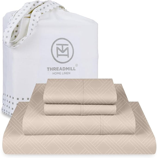 Threadmill California King Size Sheets | 800 Thread Count Jacquard Celine Light Beige | 4 Piece Striped Bed Sheets | Extra Long Staple Cotton sheets | Luxury Damask Sheets with Elasticized Deep Pocket