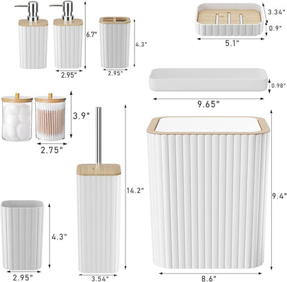 Bathroom Accessories Set - Elegant White Bathroom Set, 10PC Bathroom Accessory Set, Toilet Brush, Trash Can, Qtip Holder Dispenser & Soap Dispenser