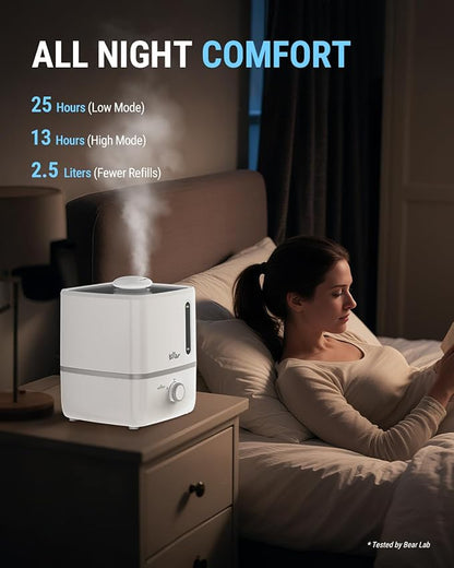 Bear Humidifiers for Bedroom, 2.5L Cool Mist Humidifiers and Oil Diffuser, Quiet Rapid humidifiers for Home Whole House, with Adjustable Mist Output and Auto Shut-off, White