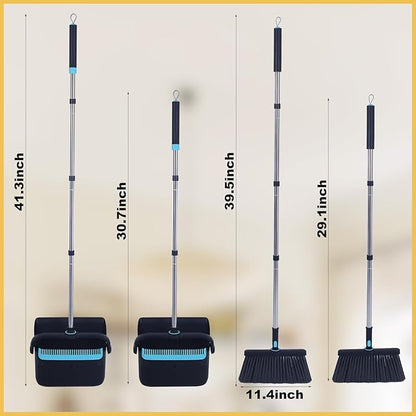 Upgrade Broom with Dustpan Combo Set Heavy Duty, Ergonomic Adjustable Handle, Cleaning Teeth, Ideal for Pets, Indoor and Outdoor Sweeping（Black）
