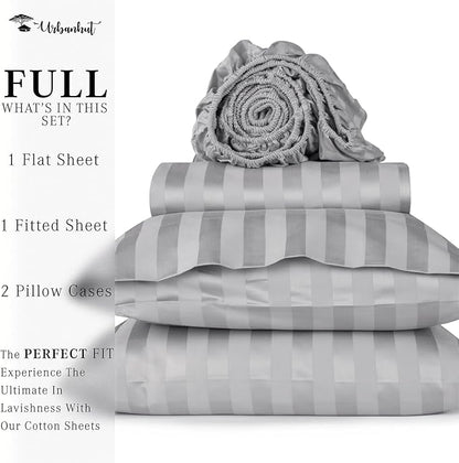 URBANHUT 800 Thread Count Egyptian Cotton Full Size Damask Striped Sheets Set (4 Pc) - Ultra Soft & Smooth, Thick & Crisp Sateen Weave Full Bedsheets, Fits Upto 16" Mattress - Silver Grey
