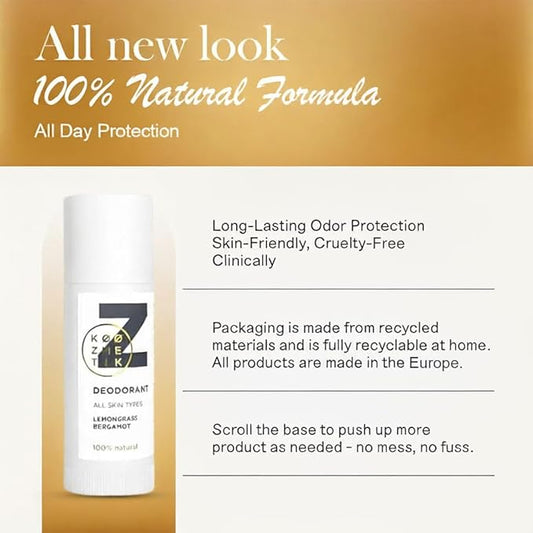 Natural Deodorant Z for Men & Women | 100% Natural, Aluminum-Free, Lemongrass & Bergamot | Long-Lasting Odor Protection | Skin-Friendly, Cruelty-Free, Clinically Tested | 50ml (1.7oz)