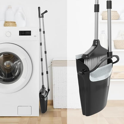 Broom with Dustpan Combo Set (54”) Long Handle Household Dust Pan for Home Office Kitchen Cleaning （Black & Grey）