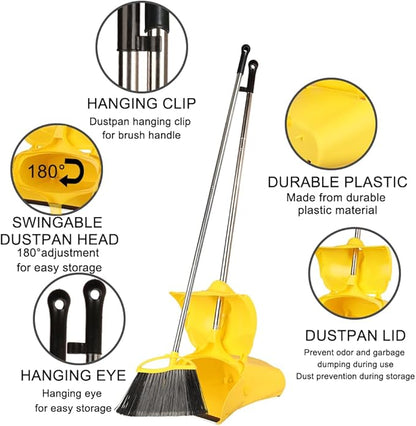 Heavy Duty Outdoor Broom and Dustpan Set - 145CM Extra Long Handle, Stiff Bristles for Tough Debris, Angled Broom Head - Ideal for Garage, Patio, Garden Kitchen House Floor Cleaning