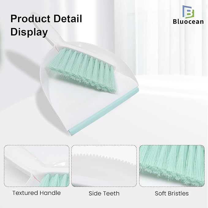 Mini Broom and Dustpan, Plus an Adhesive Hook Set, 7" Dustpan Opening, Bristles for Hair and Small Debris, Mini Portable Hand Brush for Pet, Sofa, Desk, Kitchen (White & Fern Green)