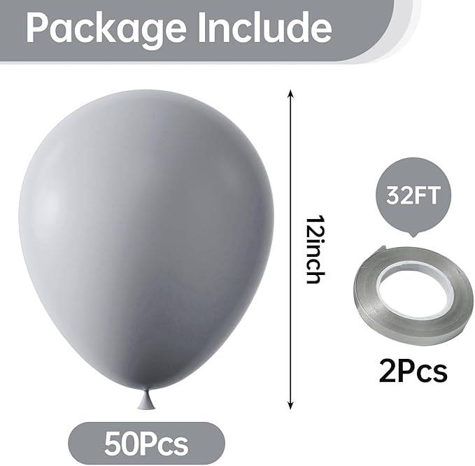 KALOR 12 Inch Gray Balloons, 50 Pcs Latex Helium Balloons for Kid's Birthday Party, Baby Shower, Wedding, Graduate Party Decorations