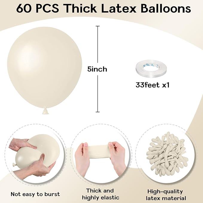 White Sand Balloons 5 Inch, 60 Pcs Small Beige Latex Cream 5'' Mini Matte Retro Off-White Neutral Helium for Birthday Wedding Baby Shower Party Decorations
