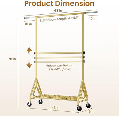 Heavy Duty Clothes Rack for Hanging Clothes, Double Rods Clothing Rack with Lockable Wheels, Rolling Metal Garment Racks Heavy Duty, Portable Wardrobe Closet Racks, Gold