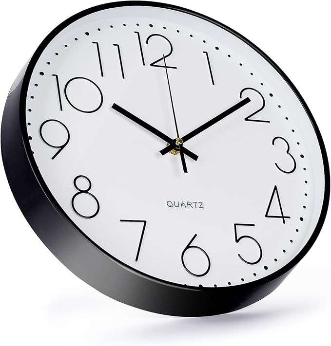 Wall Clock Non-Ticking Silent Modern Simple Style Round Decor Clock Stereoscopic Dial Quartz Wall Clocks for Home/Office/School/Living Room/Bedroom/Kitchen (Black, 8inch)