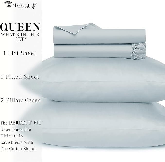 URBANHUT 800 Thread Count Queen Size Sheets Egyptian Cotton, Long Staple, Soft & Breathable, 4 Pc Bed Sheet Sets for Queen Size, Luxury Hotel Sateen Sheets Fits 16" Deep Pocket - Light Blue