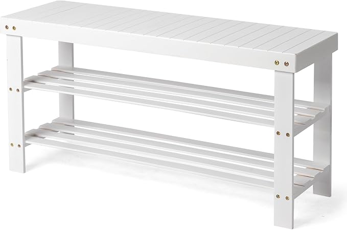 Bamboo Shoe Bench 90cm, 2-Tier White Color Slatted Entryway Bench, Multifunctional Storage Bench for Hallway Living Room