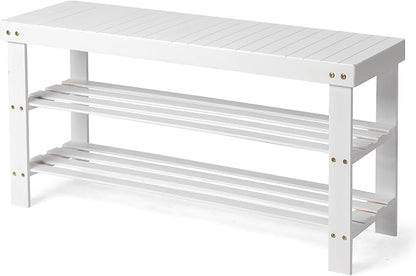 Bamboo Shoe Bench 90cm, 2-Tier White Color Slatted Entryway Bench, Multifunctional Storage Bench for Hallway Living Room