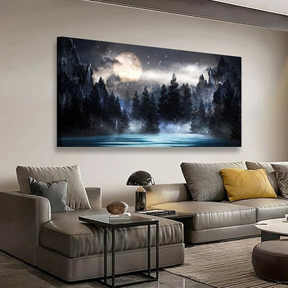 Mountain Moon Pictures Canvas Wall Art for Living room Office Bedroom Wall Decor,Moon Wall Art Print Paintings Modern Forest Nature Blue Lake Artwork Waterproof Ready to Hang-20x40inch