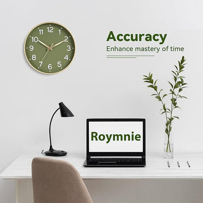 Wall Clock Green, 10 Inch Silent Wall Clocks Battery Operated-Modern Non Ticking Analog Clock Decorative for Kitchen Bedroom Office Bathroom(Gold)