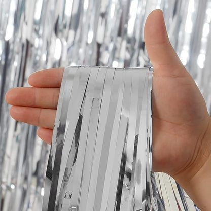 Foil Fringe Curtains Christmas Decorations - Melsan 3 Pack 3.2 x 8.2 ft Tinsel Curtain Party Photo Backdrop for Birthday Party Baby Shower or Graduation Decorations (Pure Silver)