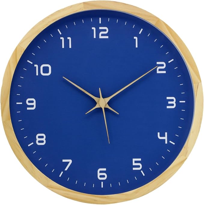 MEIRED Wooden Wall Clock 12 Inch Silent Non Ticking Wall Clocks Battery Operated Wood Analog Retro Round Clock Decorative for Kitchen,Home,Living Room,Classroom, Log Blue