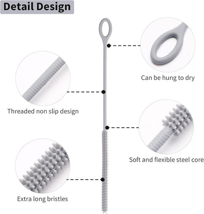 Silicone Straw Cleaner Brush, 2Pcs Reusable Straw Brush Extra Long for Cleaning Tumbler with Handle and Glass Metal Smoothie Straws, Non-slip Handle Soft and Bendable, 6mm+9mm (Gray)