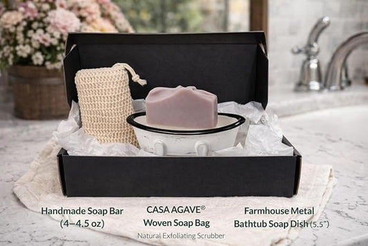 Lavender Bath Gift Set – Handmade Soap Bars with Soap Dish & Exfoliating Bag, Farmhouse Bathroom Decor