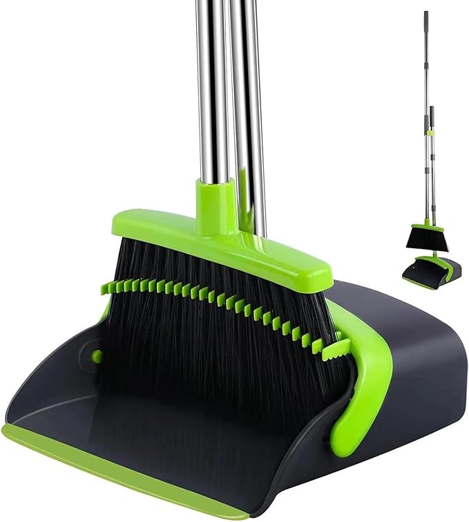 Standing Broom and Dustpan Set, Built-in Scraper Teeth, No-Slip Grip, Dust Collection Tray for Home, Office, Lobby, and Outdoor, Adjustable Handle from 38.18" to 52" (Black & Green)