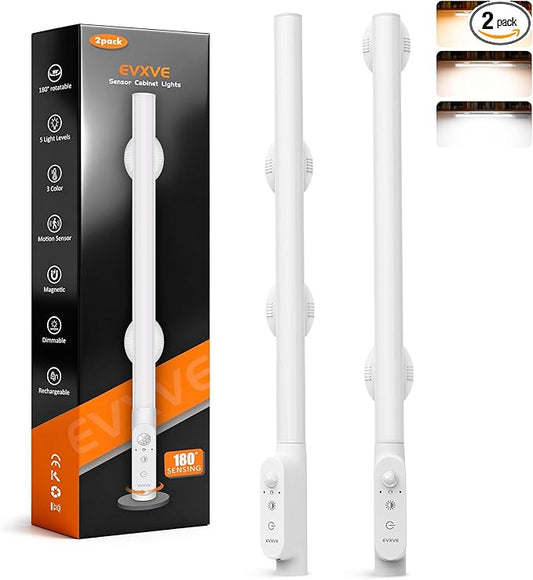 Under Cabinet Lighting Wireless, 12" Rechargeable Motion Sensor Light Indoor, 180° Rotatable Closet Light & 3 Color & Stepless Dimmable, Magnetic Under Counter Lights for Kitchen Pantry Stairs(2 Pack)