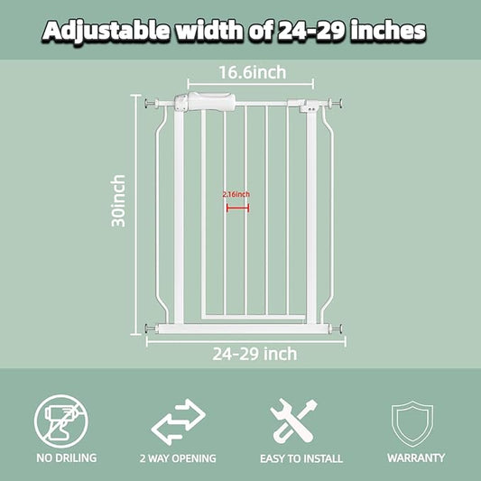 TSAYAWA Narrow Baby gate Baby Safety Gate 24.02-29Inch Auto Close Child Gates, Pressure Mounted Gate for Stairs & Doorways, Indoor/Outdoor Heavy-Duty Pet Gate for Toddlers, Dogs, White