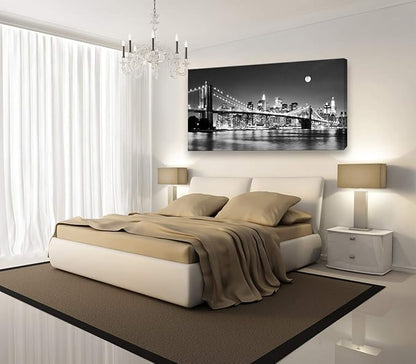 Baisuart-Q30375 Brooklyn Bridge Night View 1 Panels Landscape Artwork Canvas Prints Moon Night New York City Scene Picture Paintings Black and white Wall Art for Oiffce Home Decorations Wall Decor