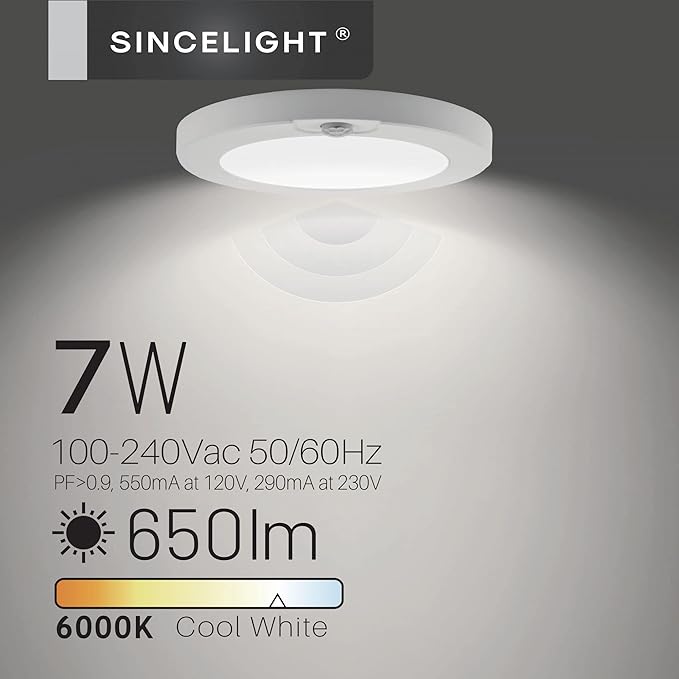 SINCELIGHT PIR Motion Sensor 7W LED Ceiling Light (Φ6''/146mm), Automatically ON/Off, Movement Activated, Cool White 6000K, Surface/Flush Mount for Closet,Cabinet,Hallway, Damp Use, Pack of 1