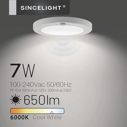SINCELIGHT PIR Motion Sensor 7W LED Ceiling Light (Φ6''/146mm), Automatically ON/Off, Movement Activated, Cool White 6000K, Surface/Flush Mount for Closet,Cabinet,Hallway, Damp Use, Pack of 1