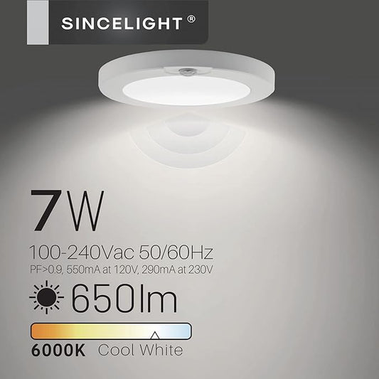 SINCELIGHT PIR Motion Sensor 7W LED Ceiling Light (Φ6''/146mm), Automatically ON/Off, Movement Activated, Cool White 6000K, Surface/Flush Mount for Closet,Cabinet,Hallway, Damp Use, Pack of 1