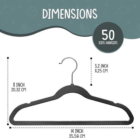 50 Premium Kids Velvet Hangers - 14" Non-Slip Clothes Hangers for Kids & Preteens - Ultra Slim, Space-Saving, Strong & Durable Hangers with 360° Swivel Hook - Black