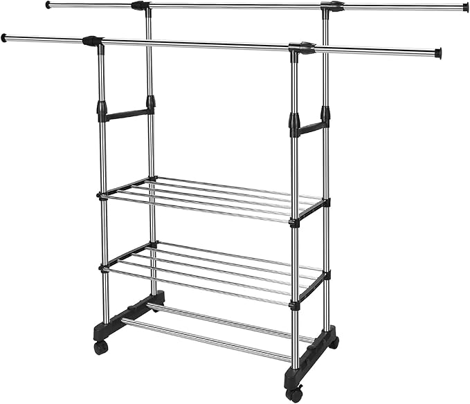 Double Rods Clothes Rack, Rolling Clothing Rack for Hanging Clothes, Portable Wardrobe Rack Max Load 77LBS, Sturdy Metal Garment Rack Coat Rack for Bedroom Laundry Living Room, Silver