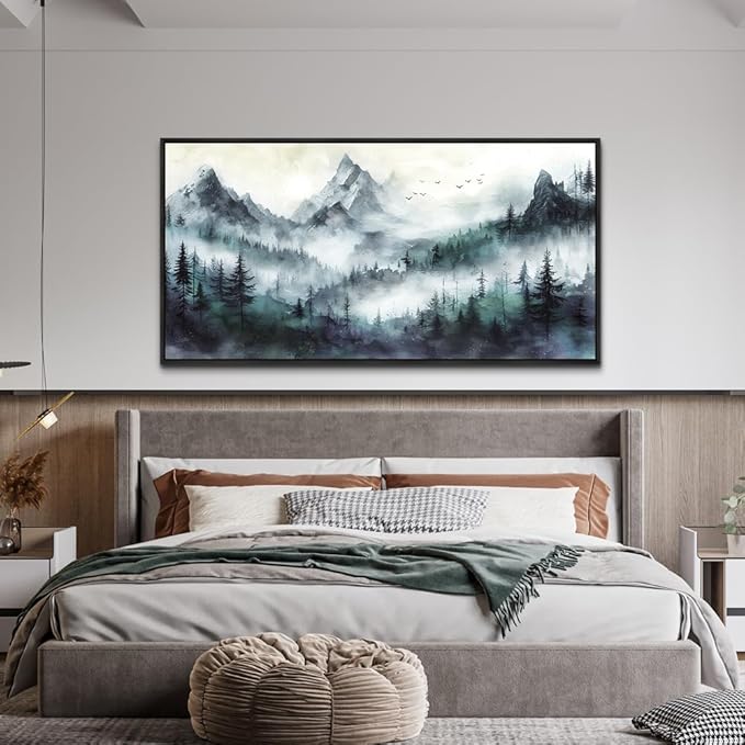 Wapluam Mountain Canvas Wall Art Living Room Modern Wall Decorations For Bedroom Trees Landscape Painting Forest Pictures Office Wall Decor Canvas Prints Large Home Decor Black Framed 48x24
