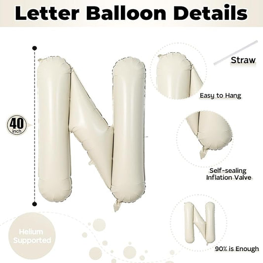 N Letter Balloons Cream, 40 Inch Alphabet Foil Word Balloon, Large Mylar Inflatable Beige Name Letters, Big Helium Custom White for Women Birthday Party Decoration Supplies