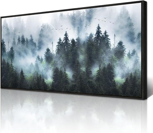Wapluam Foggy Forest Landscape Canvas Wall Art - Black Framed Canvas Prints for Living Room, Office, Bedroom Wall Decor