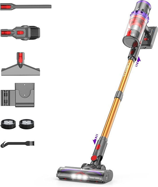 Coovy Cordless Vacuum Cleaner SU7, 580W 50Kpa 75 Minutes Runtime Stick Vacuum with Touch Screen, Anti-Tangle Wireless Powerful Lightweight Vac for Home Pet Hair Carpet Hardwood, Gold
